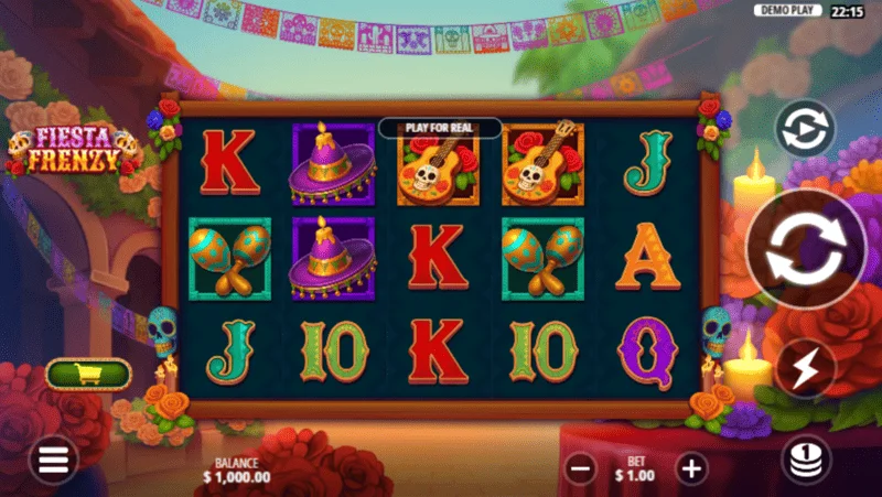 Fiesta Frenzy — spēles ekrāns ar ruļļiem un meksikāņu ikonogrāfiju